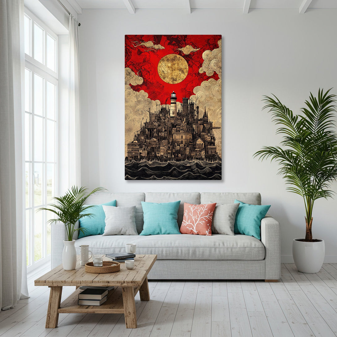 Framed Wall Art featuring a city scene with a red and gold color palette, displayed in a modern coastal living room setting.