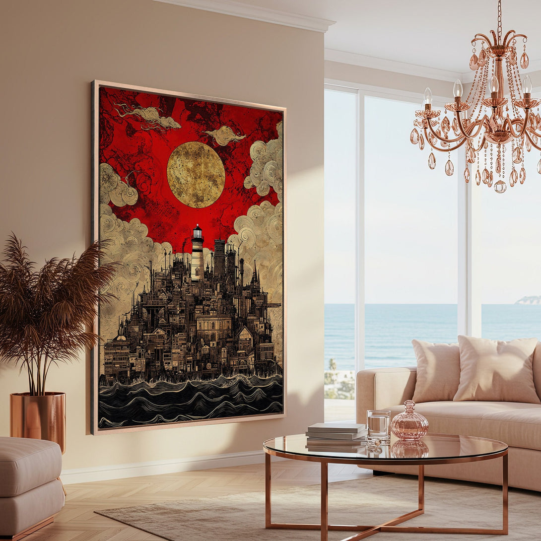 Framed Wall Art featuring a stylized cityscape with a red and gold color palette. Adds a touch of art deco style to any interior space.