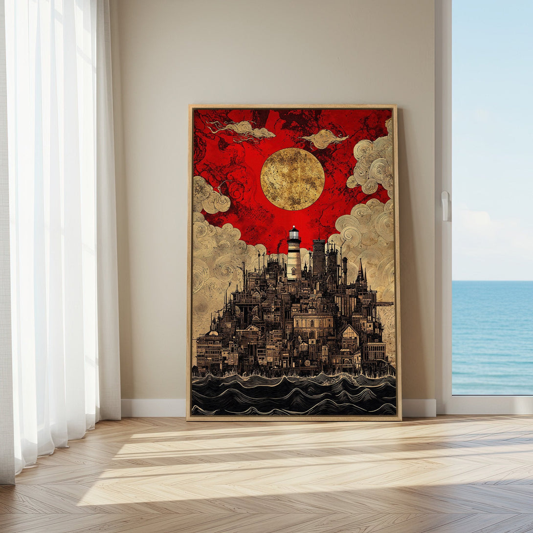 Framed Wall Art featuring a city scene with a red and gold color palette. Unique art style perfect for adding a statement piece to your home.