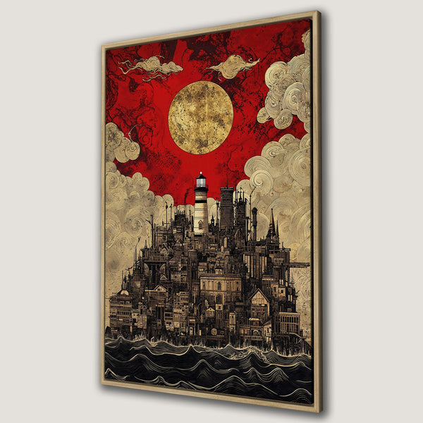 Framed Wall Art: Lighthouse city illustration with red, gold, and black color palette. Unique canvas print for modern home decor. Shop now!