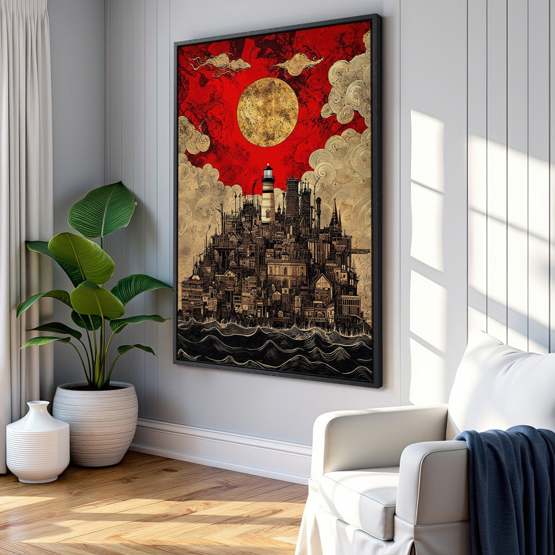 Framed Wall Art featuring a stylized city scene with a red and gold color palette. Perfect for adding a touch of unique art to your home decor.