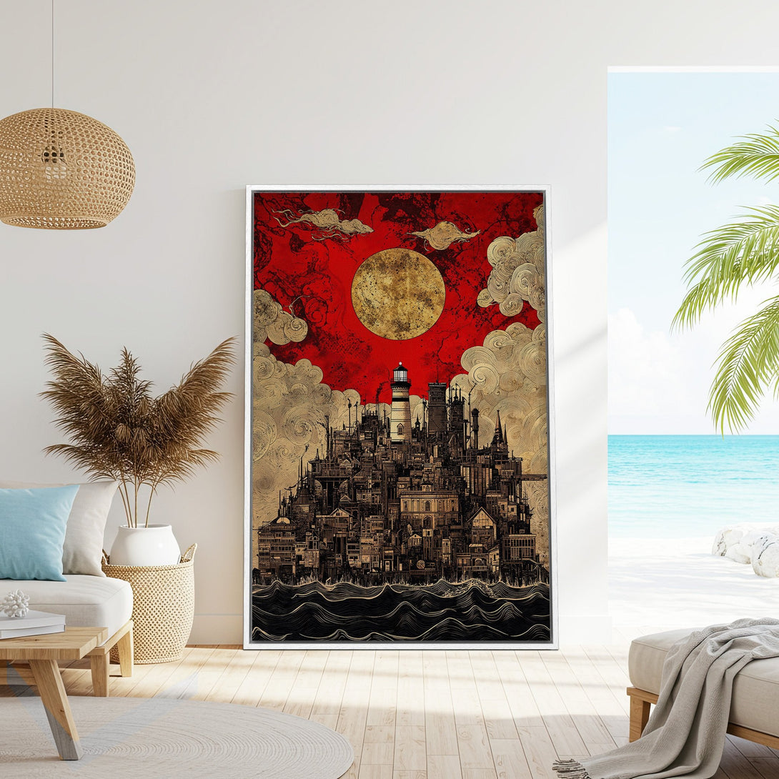 Framed Wall Art: Dramatic city illustration with red, gold, and black tones. Modern art Canvas Print perfect for adding a unique touch to your home decor.