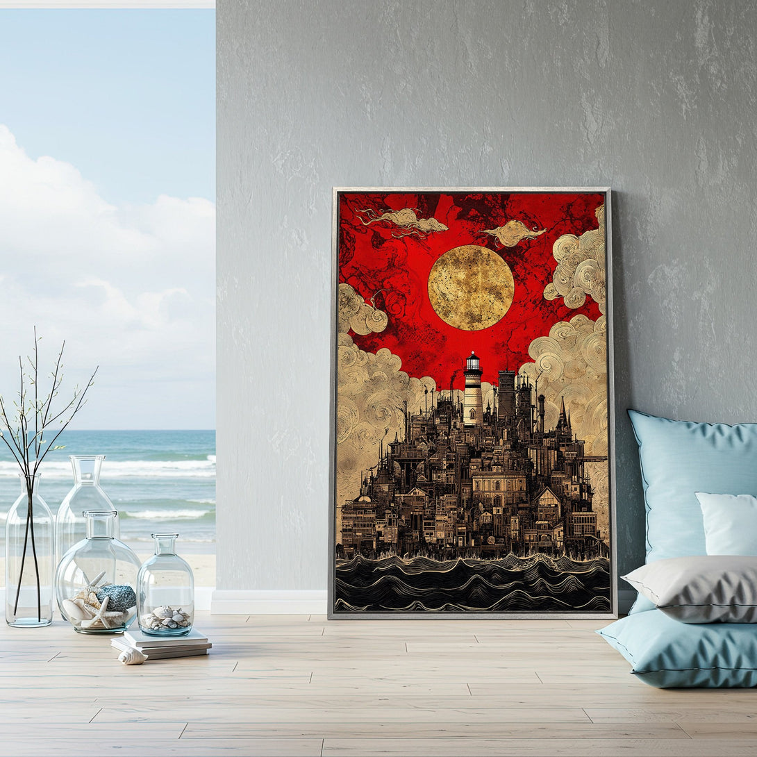 Framed Wall Art: Dramatic cityscape Canvas Print with a red, gold, and black color palette. Perfect for adding a touch of modern art to your home decor.