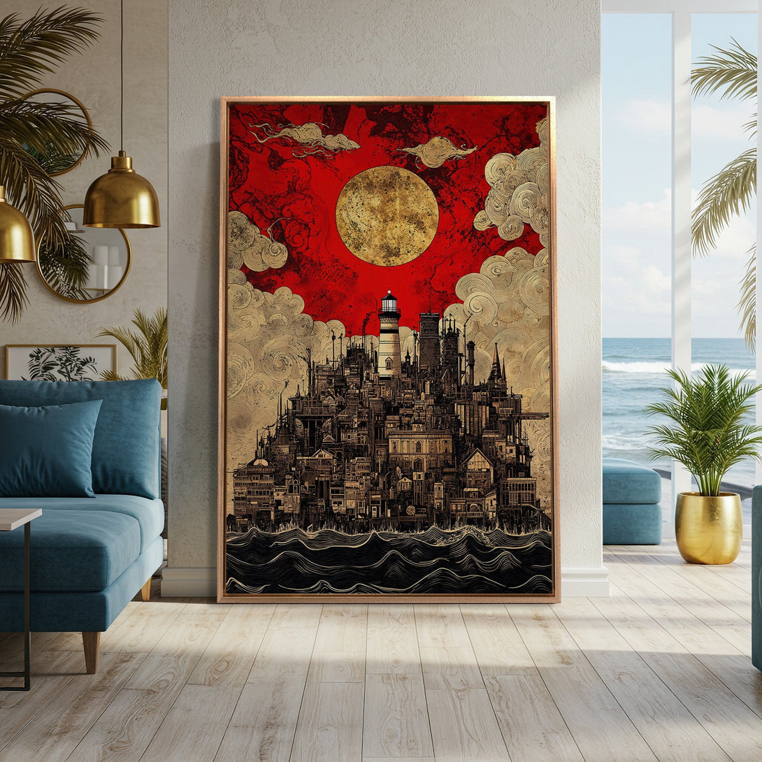 Framed Wall Art: Japanese-inspired city scene with red, gold, and black color palette. Modern interior decor with a coastal vibe. Perfect for living rooms and bedrooms.