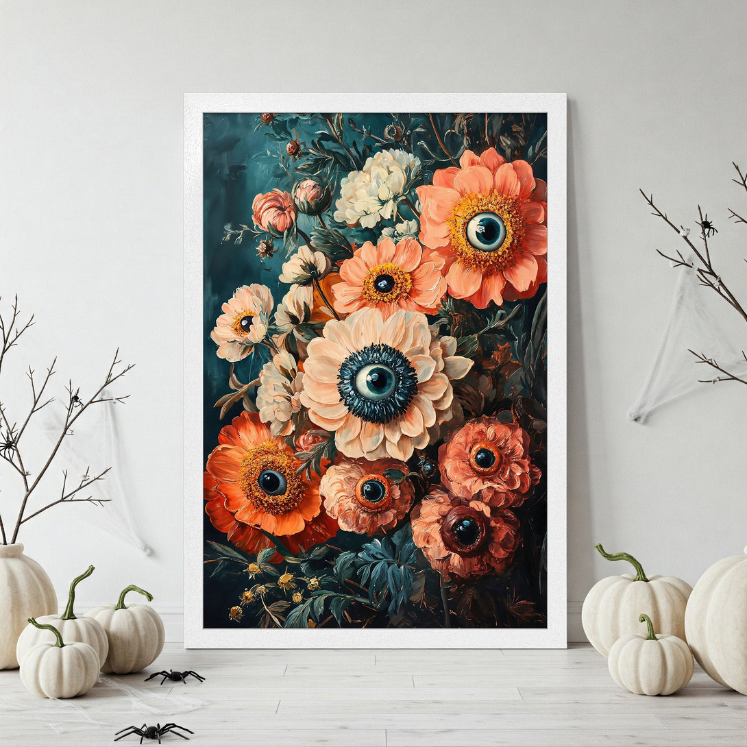 Framed Poster featuring surreal floral art with eye-like centers. Dark teal background with peach, cream, and orange blooms. Perfect Halloween decor!