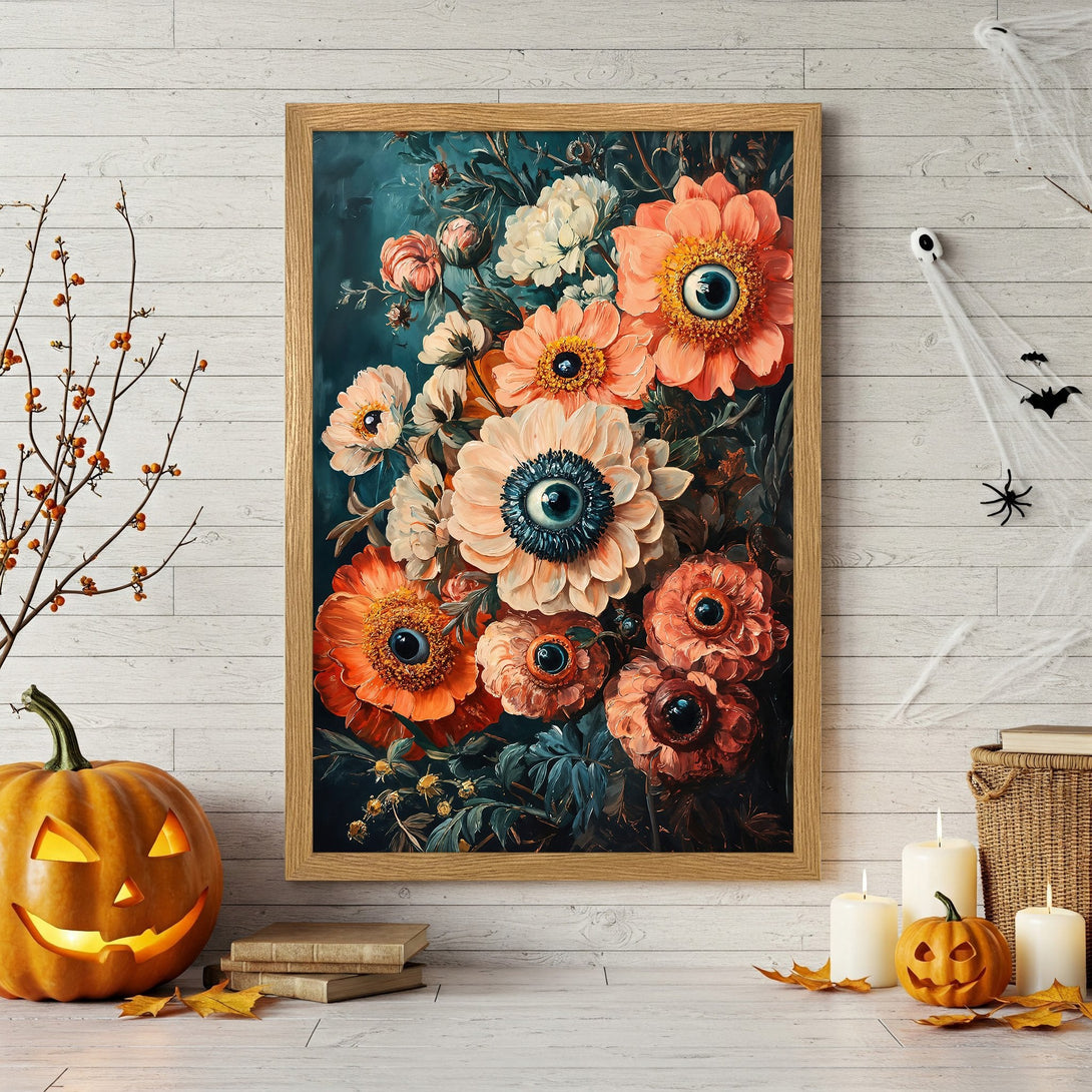 Framed Poster featuring surreal floral art with eye details, in a dark teal, orange, and cream color palette. Perfect Halloween decor.