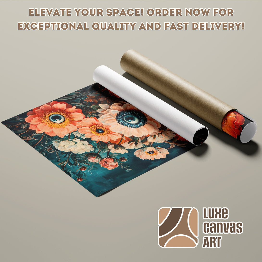 Floral Poster Roll art, teal, peach, and white color palette. Elevate your space with this stunning art!