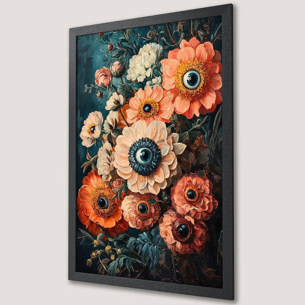 Framed Poster featuring surreal floral art with eye-like blooms in a vibrant orange, teal, and cream color palette. Perfect wall decor!