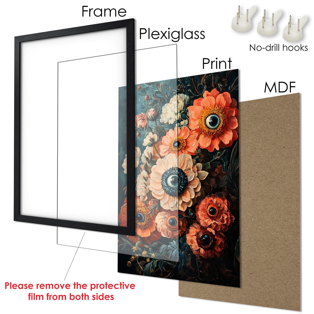 Framed Poster featuring vibrant floral art in a dark, moody color palette. Elevate your space with this stunning wall art!