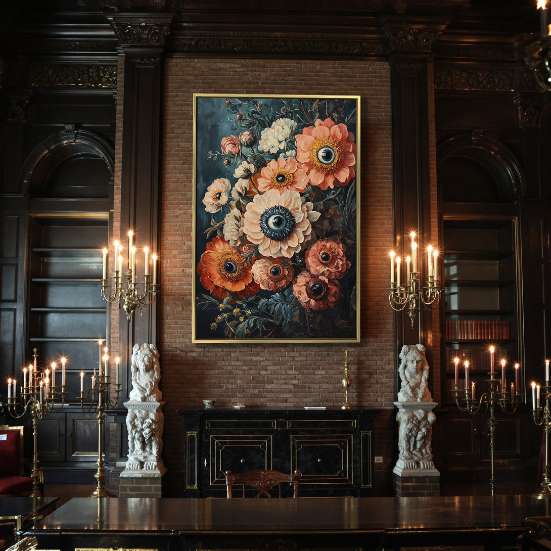 Canvas Print featuring surreal floral art in a dark, moody palette. Perfect for Halloween decor or gothic home styling.