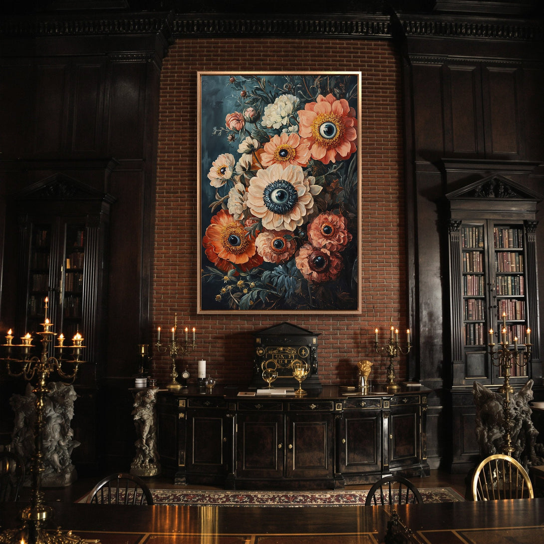 Framed Wall Art featuring surreal floral painting with eye details. Dark, moody color palette in a gothic interior. Perfect statement piece for your home.