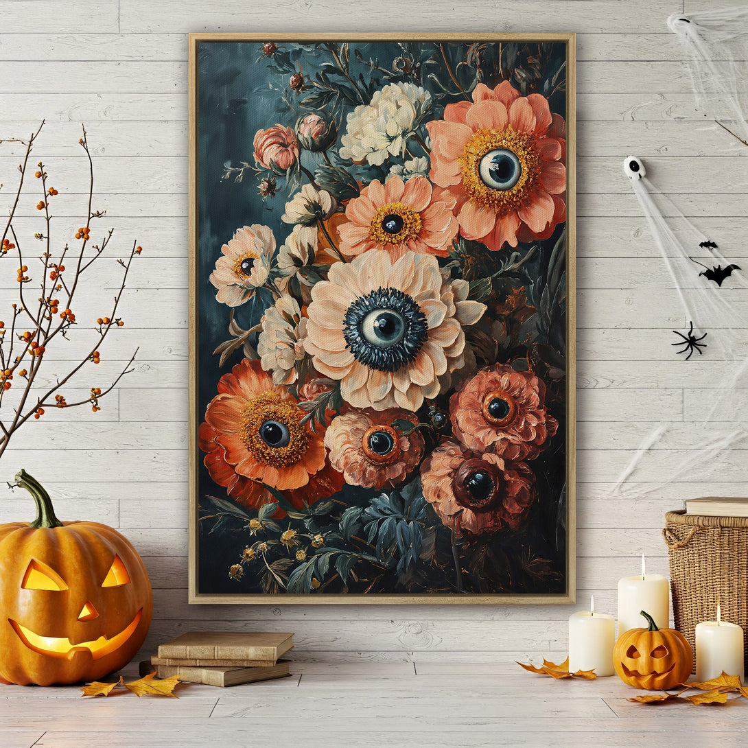 Framed Wall Art: Spooky floral print with eye-like centers, in a dark, moody color palette. Perfect for Halloween decor! Shop our canvas print collection.