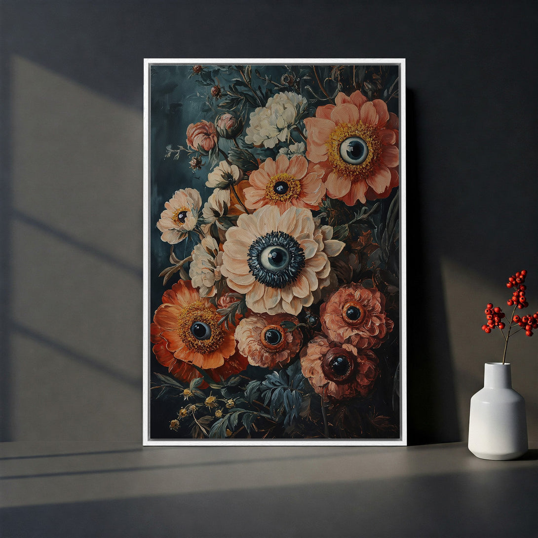 Framed Wall Art featuring surreal floral art with eye-like centers. A dark, moody color palette of teal, peach, and brown creates a unique statement piece.