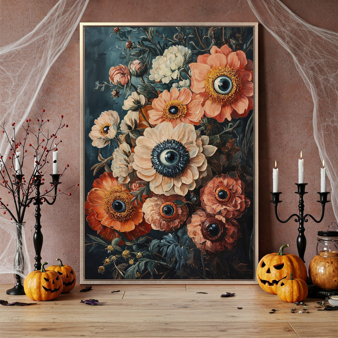 Framed Wall Art: Spooky floral print with eye-like blooms. Dark teal background with orange and cream flowers. Perfect Halloween decor.