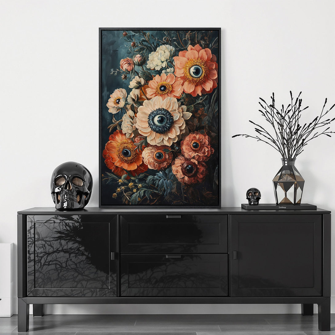 Framed Wall Art featuring surreal floral design with eye-like centers. Moody, dark teal and orange color palette. A unique statement piece for your home!