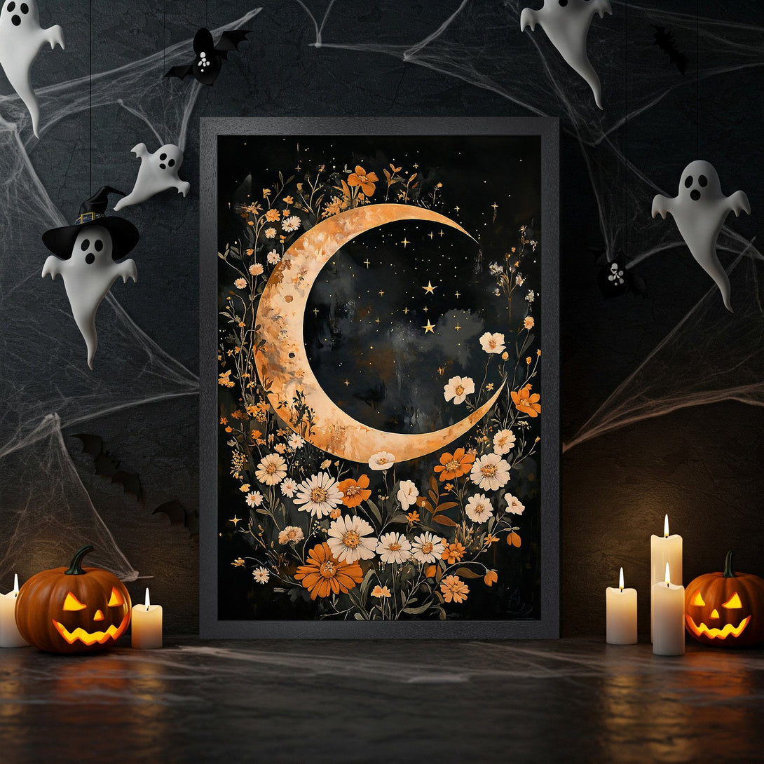 Framed Poster featuring a celestial floral design with a moon, in a Halloween theme. Dark, moody color palette.