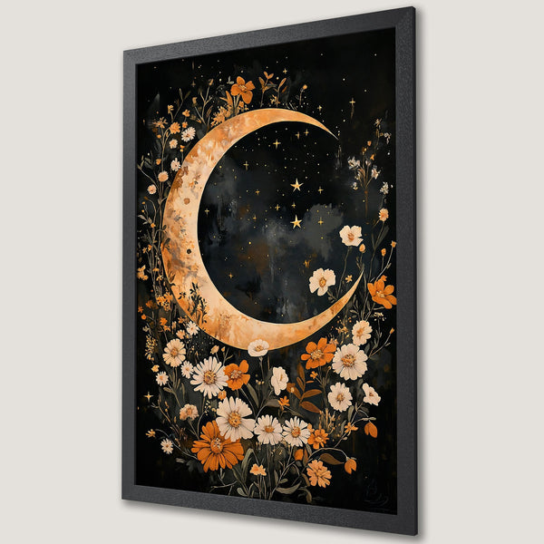 Framed Poster featuring a celestial moon and floral design in a warm, earthy color palette. Perfect wall art for a cozy aesthetic.