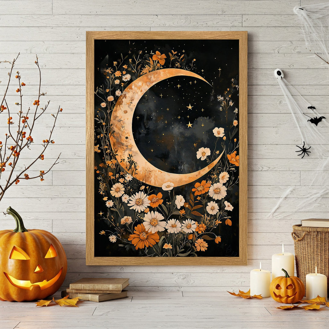 Framed Poster featuring a crescent moon & floral design. Dark & moody style with a warm orange & black color palette. Perfect Halloween decor!