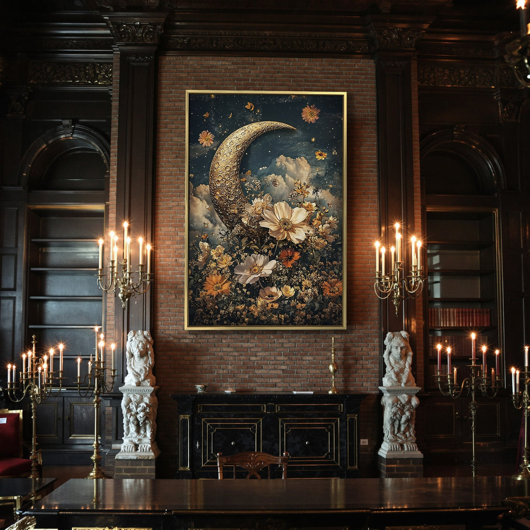 Canvas Print featuring a celestial moon and floral design in a vintage style, with warm, earthy tones. Perfect for Halloween decor!