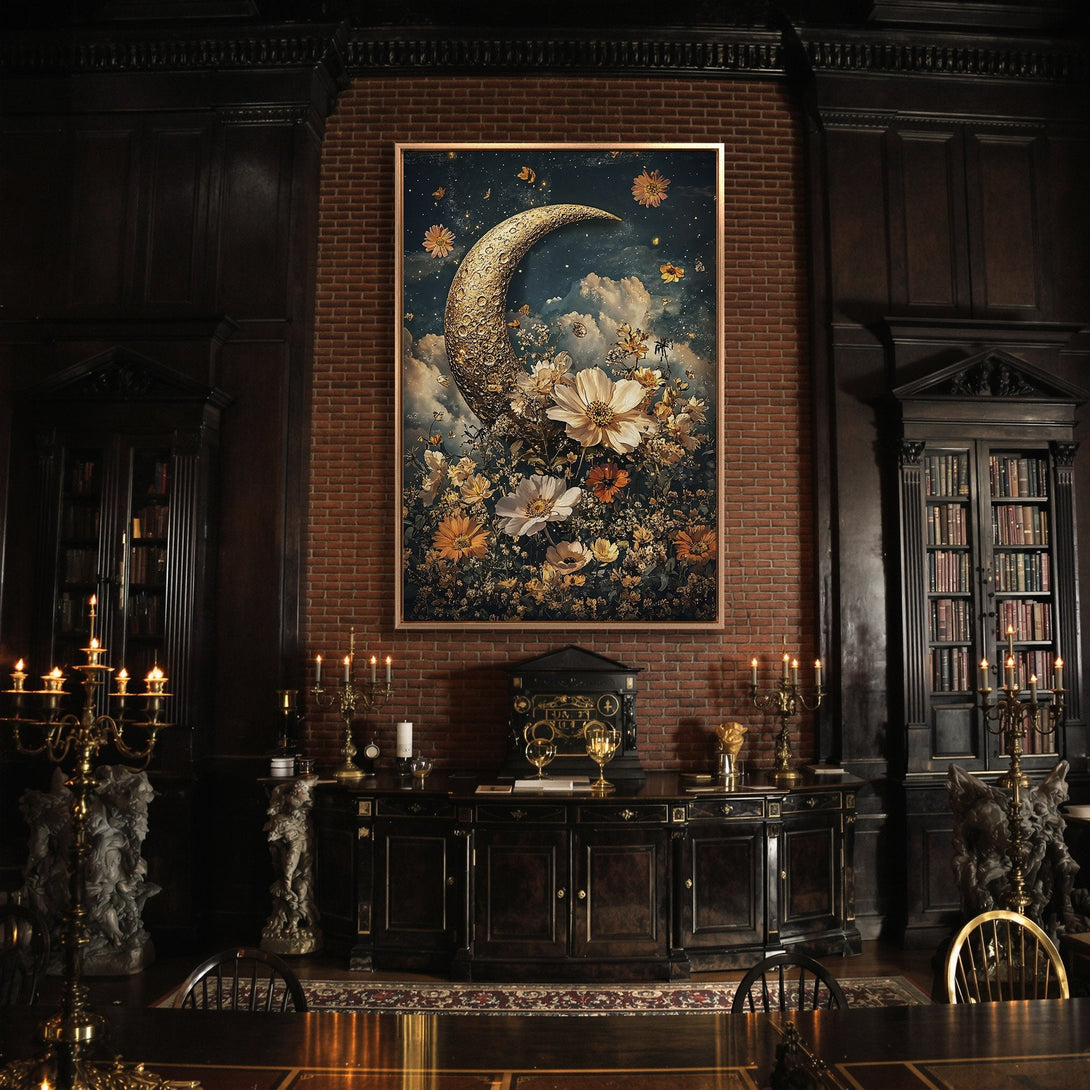 Framed Wall Art: Moon & floral canvas print in a dark, moody interior. Features a gold, blue, and cream color palette, perfect for adding a touch of elegance.