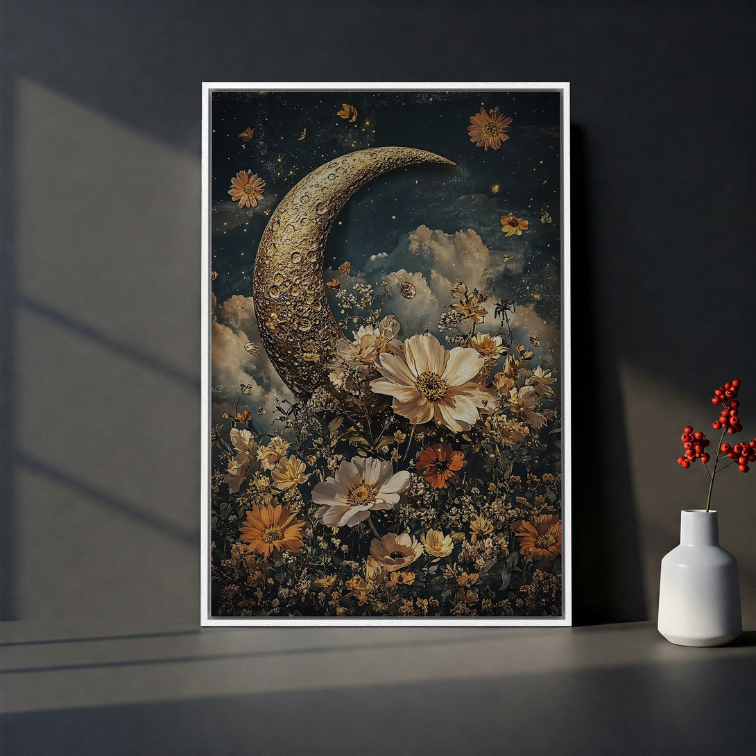 Framed Wall Art: Celestial moon and floral art print in warm, earthy tones. Perfect for adding a touch of whimsical elegance to your space. Shop now!