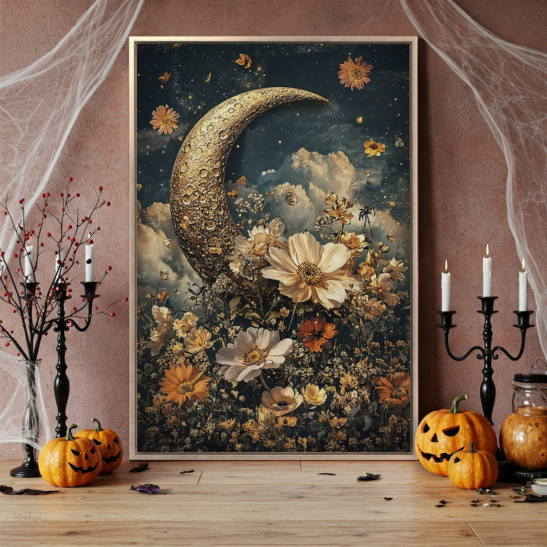 Framed Wall Art: Celestial moon and floral art print in a vintage style, featuring a warm, autumnal color palette. Perfect for Halloween decor!