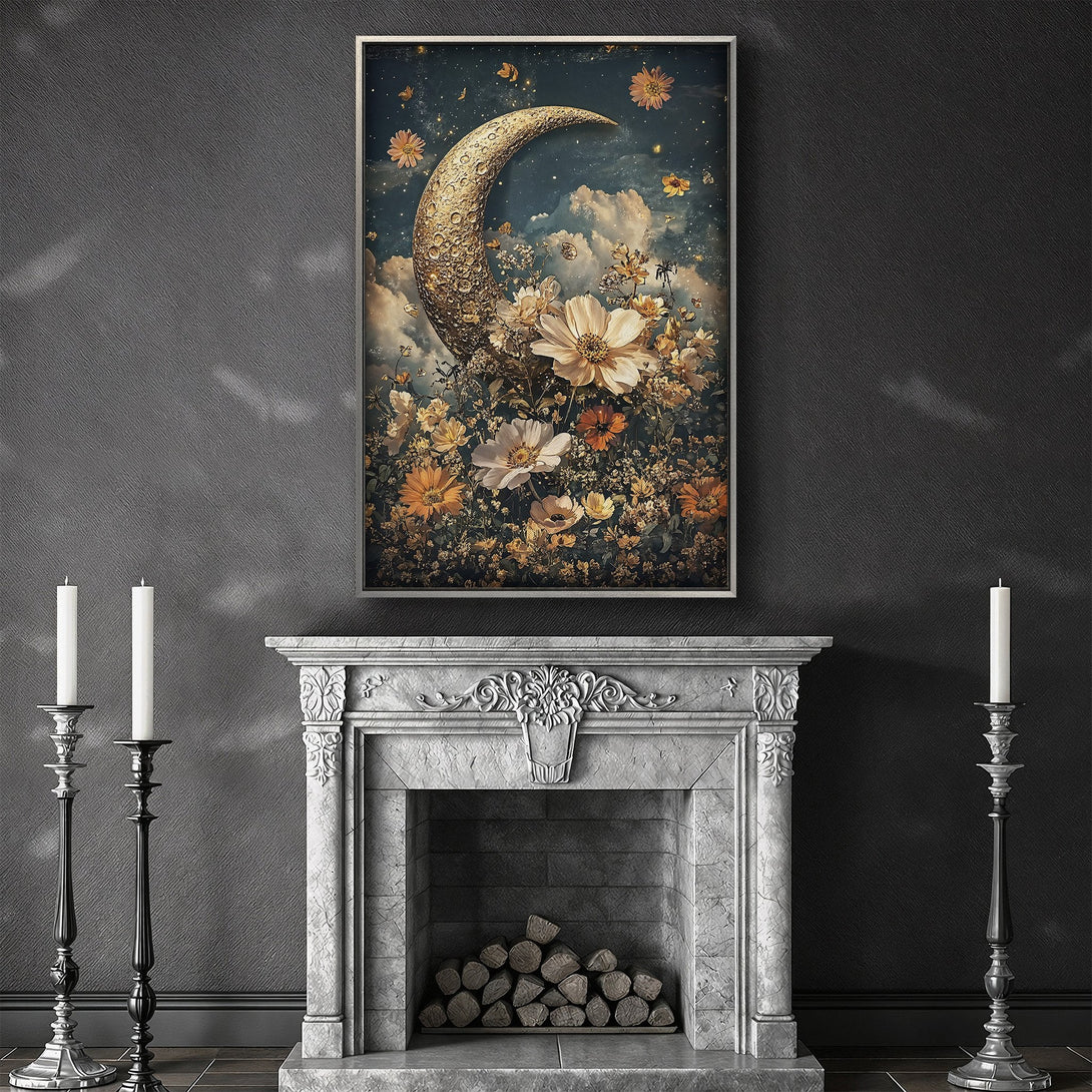 Framed Wall Art featuring a celestial moon and floral fantasy scene. Warm gold and cream color palette, perfect for adding a touch of whimsical elegance.