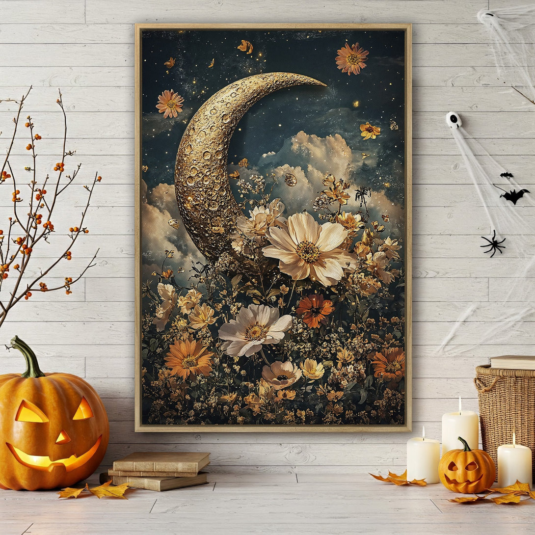 Framed Wall Art featuring a golden moon and floral arrangement. Moody, vintage style with a warm, autumnal color palette, perfect for Halloween decor.