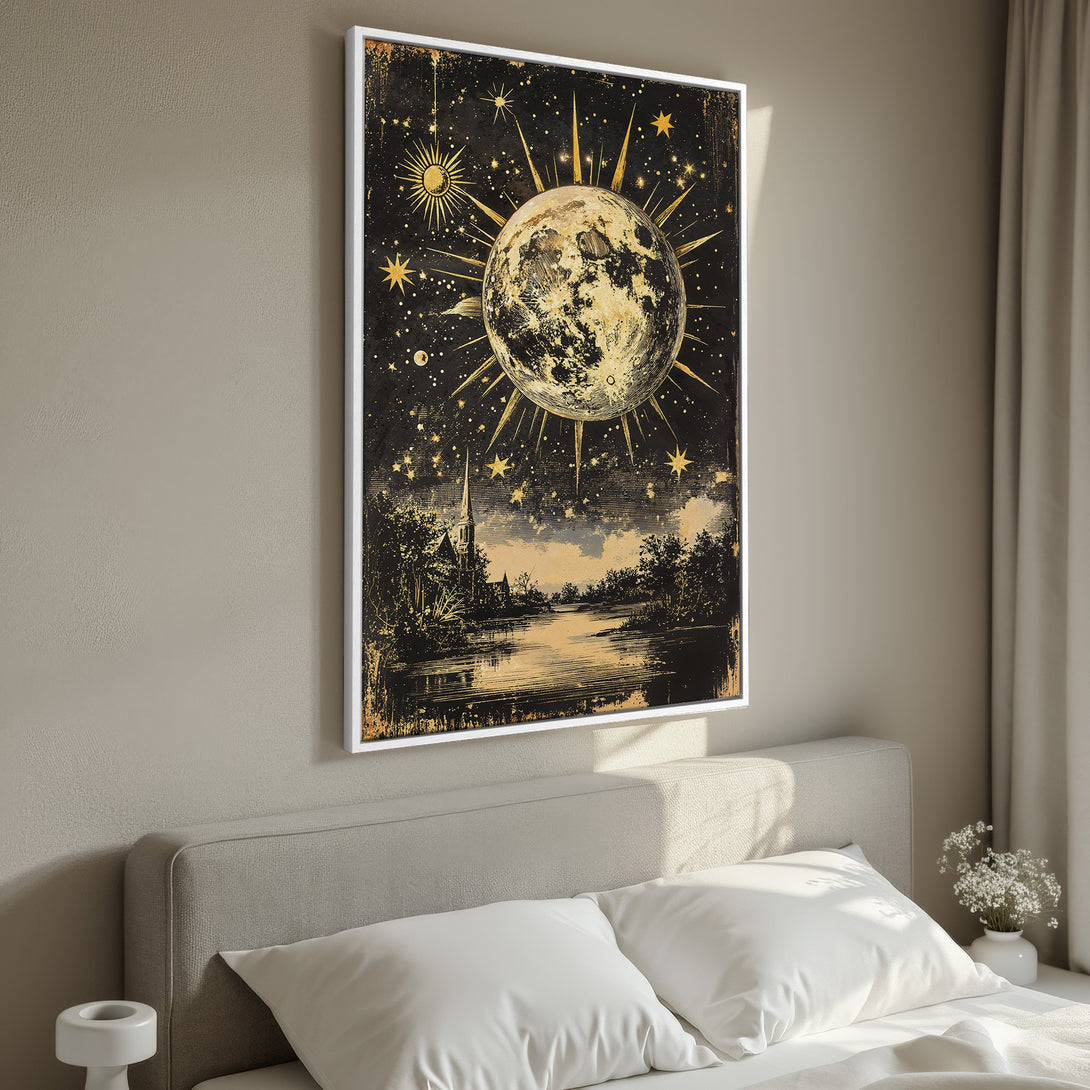 Framed Wall Art: Celestial moon and stars artwork in vintage style, black and gold color palette. Perfect for bedroom decor.