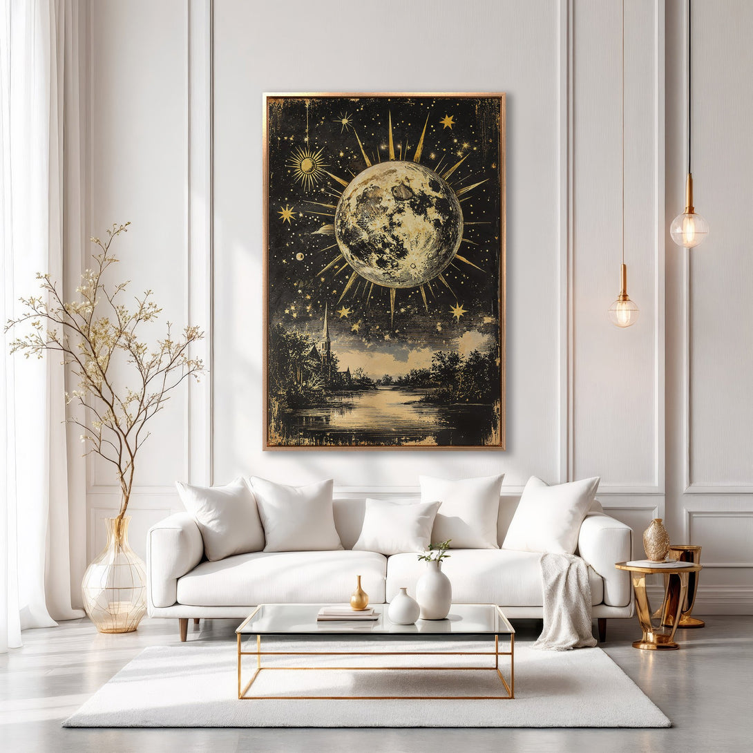 Framed Wall Art featuring a celestial moon and star design in gold and black, displayed in a modern, elegant interior.