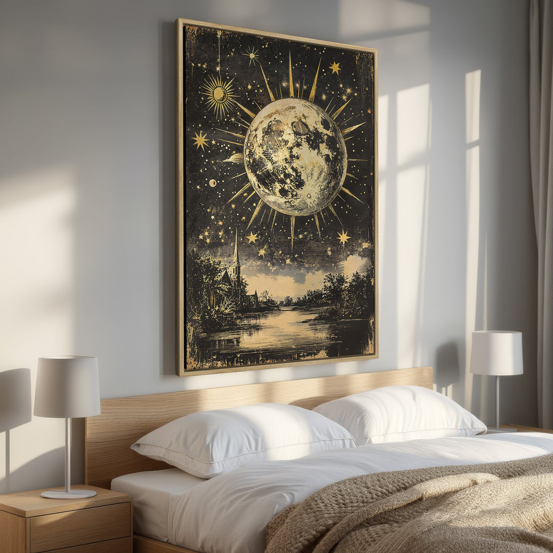 Framed Wall Art: Celestial moon & stars art print in a bedroom. Vintage style with gold & black color palette. Perfect bedroom decor.