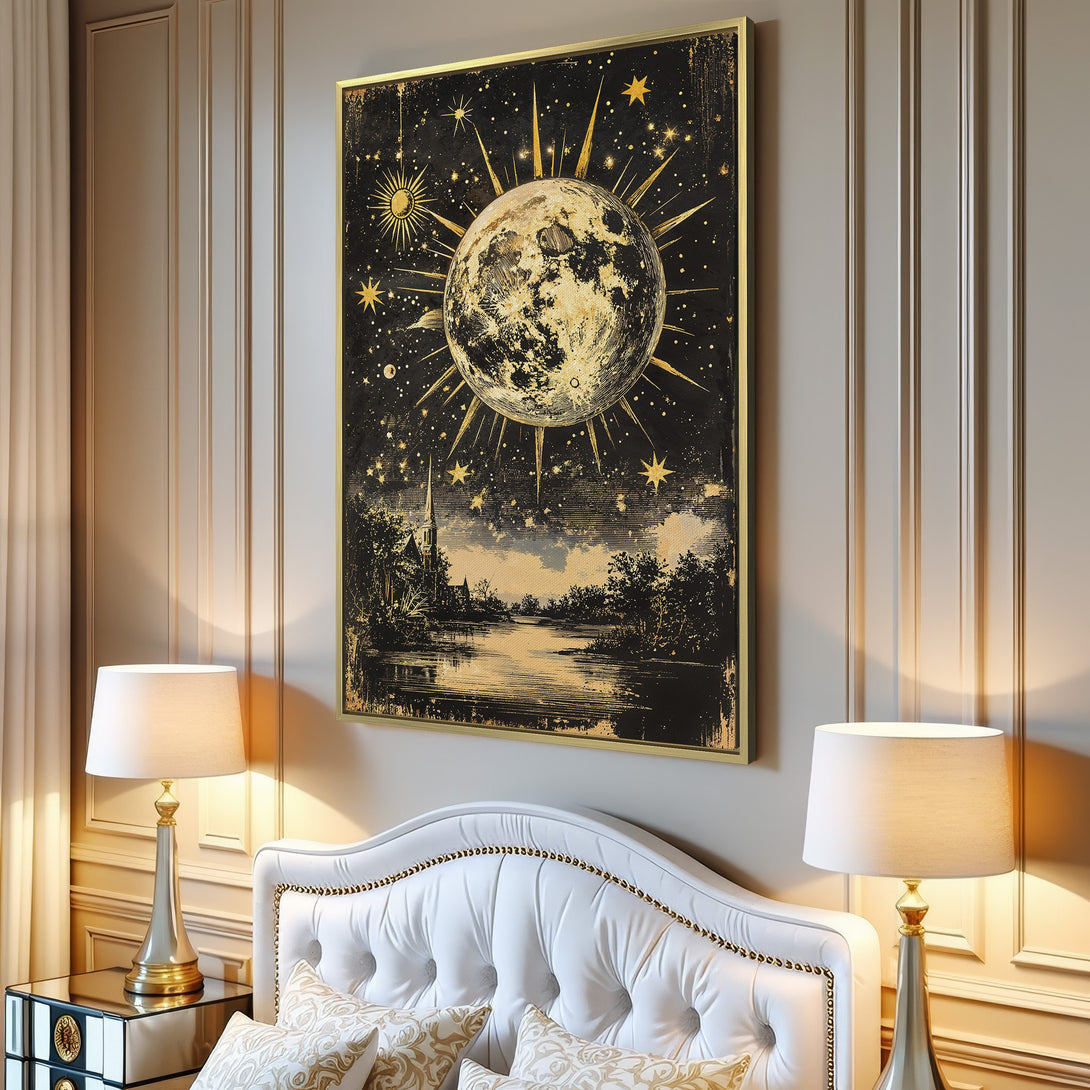 Canvas Print: Celestial moon art in a vintage style. Black, gold, and beige color palette. Perfect for adding a touch of mystique to your home decor.