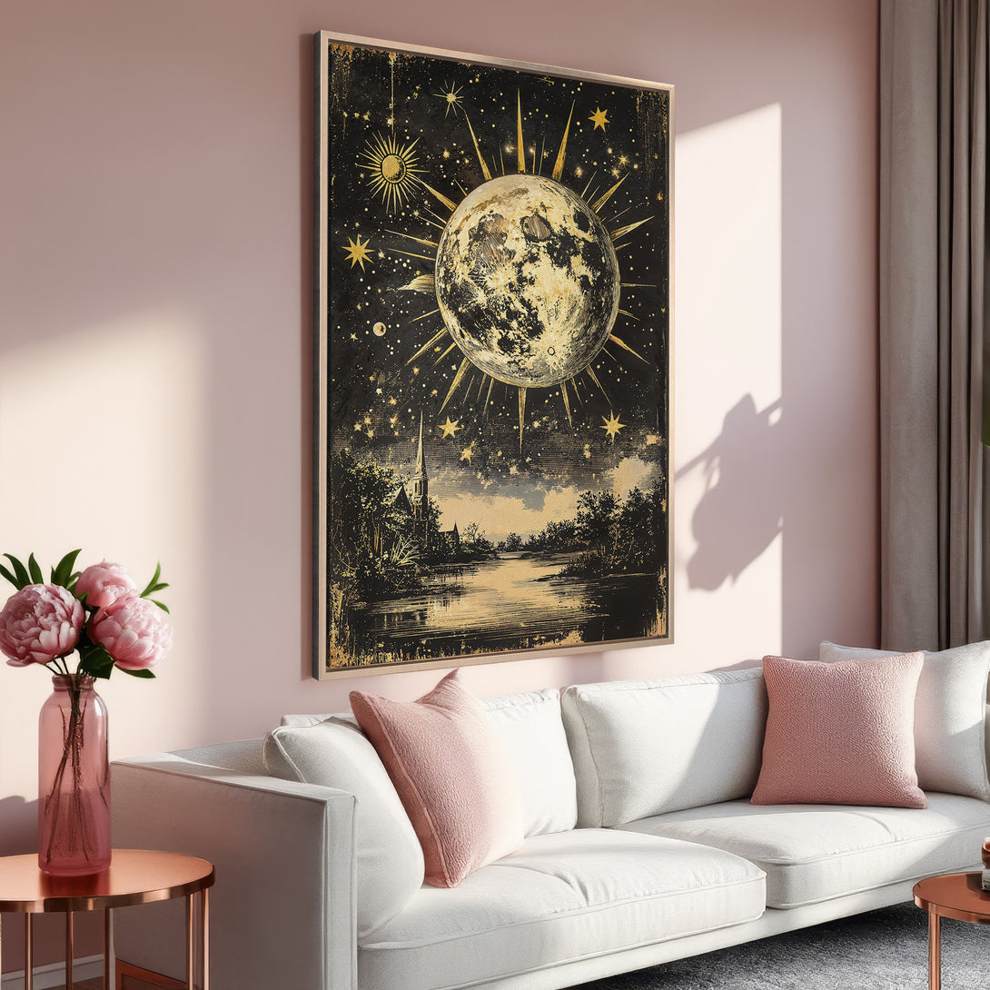 Framed Wall Art featuring a celestial moon and stars in gold and black. Adds a touch of vintage style to your living room with a warm, inviting color palette.