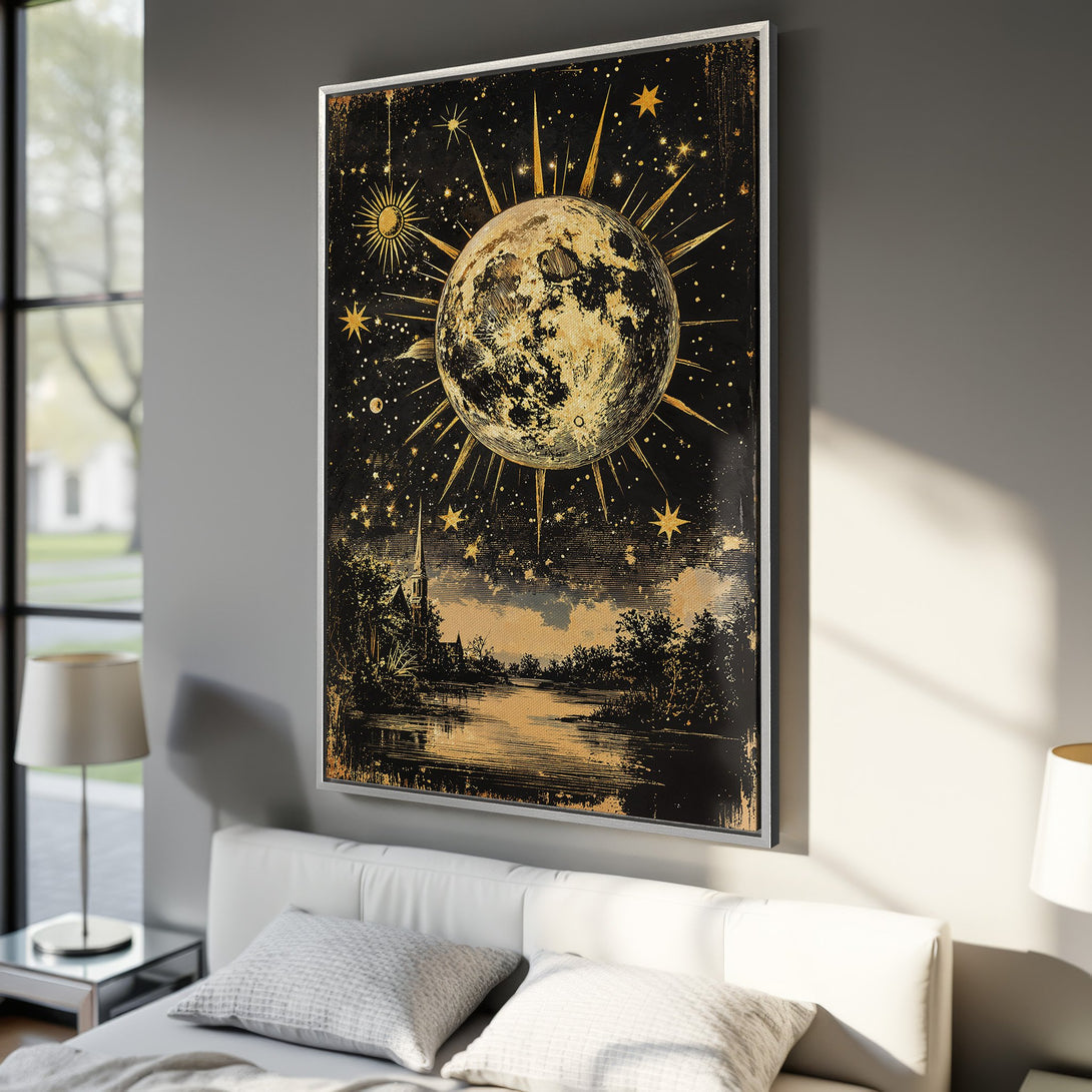 Framed Wall Art featuring a celestial design with a moon and stars in gold and black. Perfect for adding a touch of vintage style to your home decor.