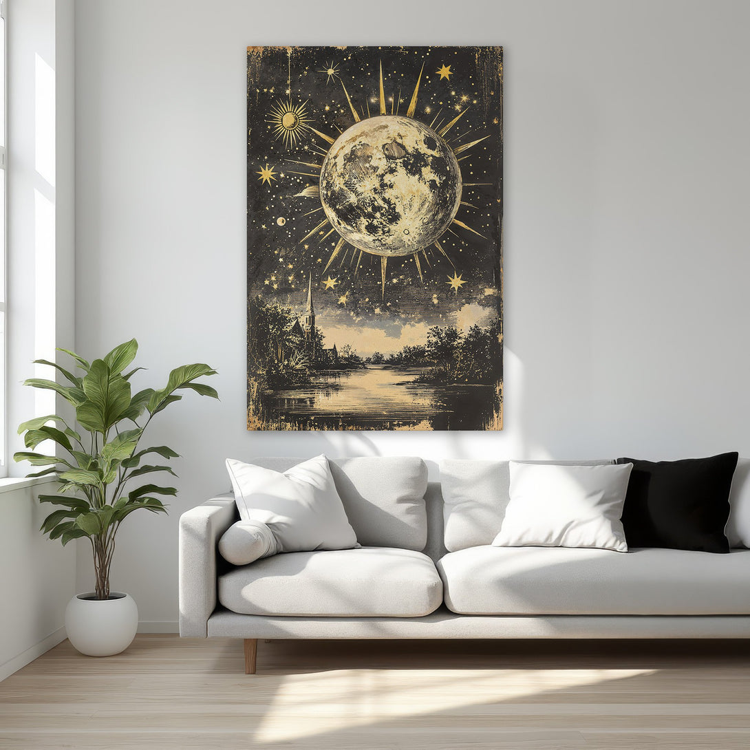 Framed Wall Art: Celestial moon and stars art print in gold and black. Perfect for adding a touch of elegance and mystery to your bedroom decor. Shop now!