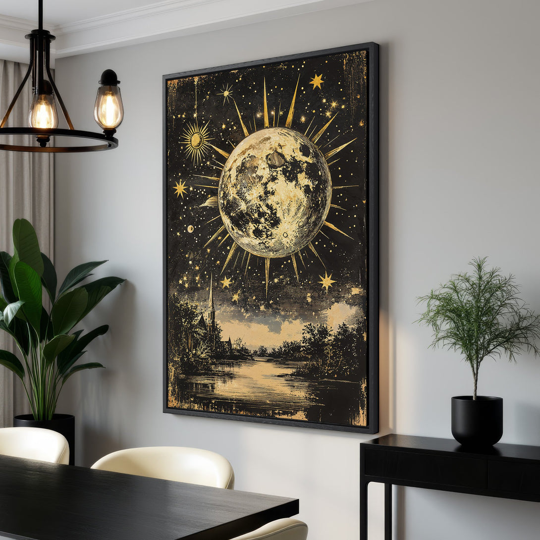 Framed Wall Art: Celestial moon and stars canvas print in a dining room. Black and gold vintage style artwork adds a touch of magic to any space.