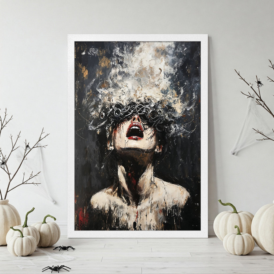 Framed Poster: Abstract art of a woman with dark, dramatic style and a black, white, and gold color palette. Perfect for Halloween decor.