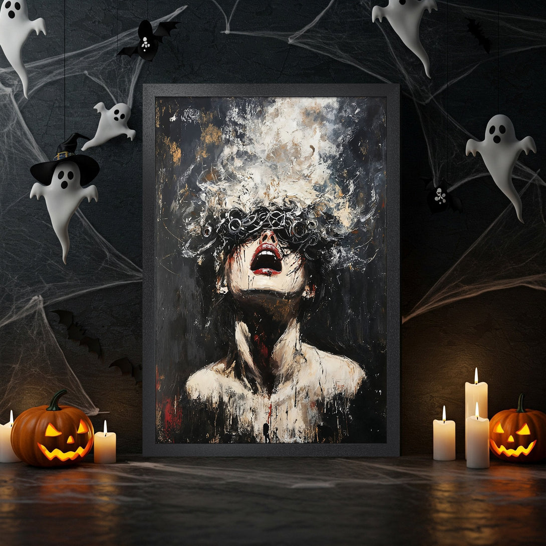 Framed Poster featuring a dramatic abstract portrait with dark, moody tones. Perfect Halloween decor!