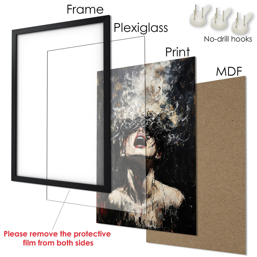 Framed Poster featuring an abstract portrait in a dark, dramatic style with a black, white, and gold color palette. Ready to hang art.