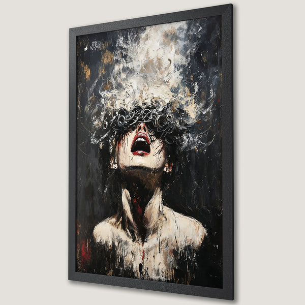 Framed Poster: Abstract portrait art in dark, moody style with black, white, and red color palette. Expressive artwork for your wall.