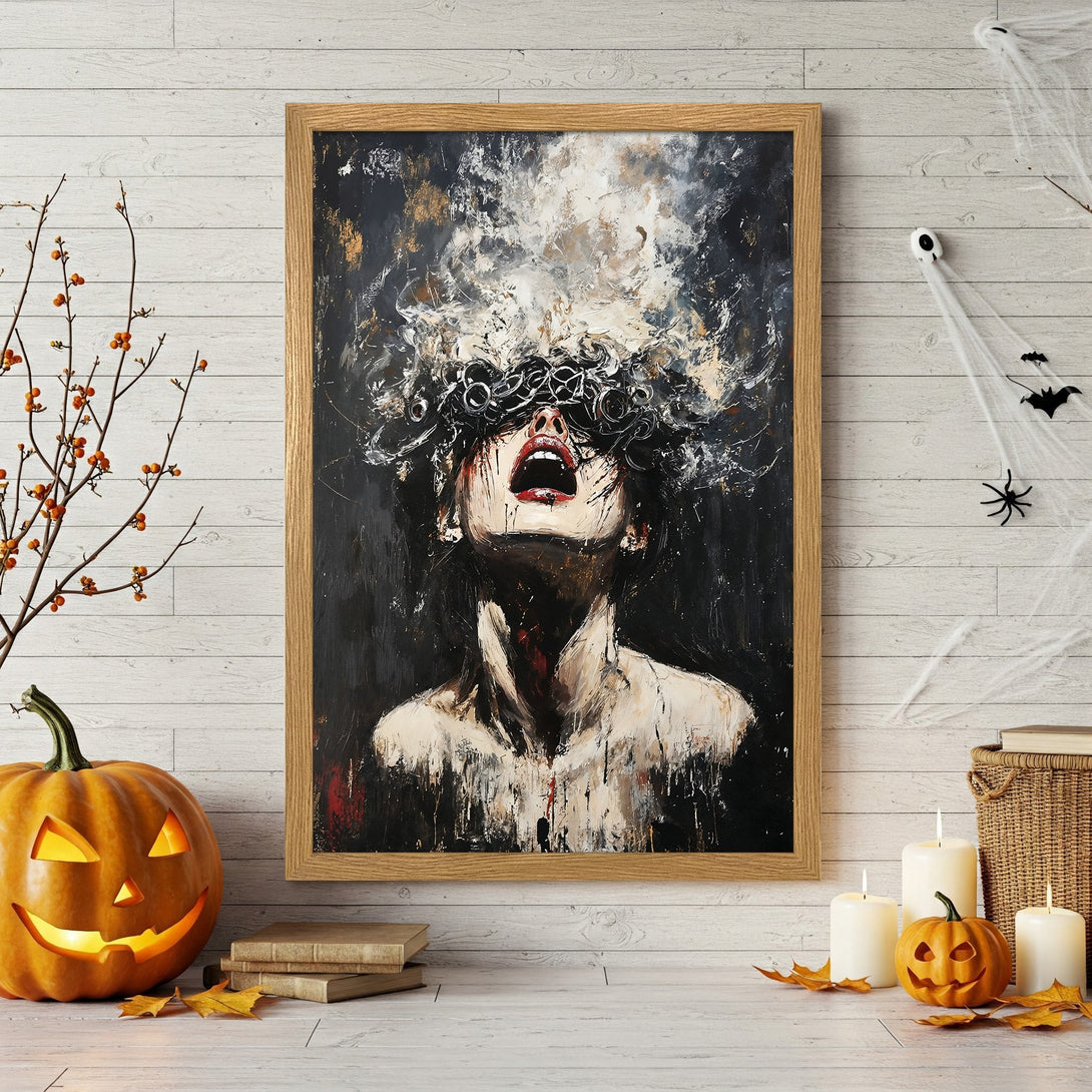 Framed Poster featuring an abstract portrait in a dark, moody palette. Perfect for Halloween decor!