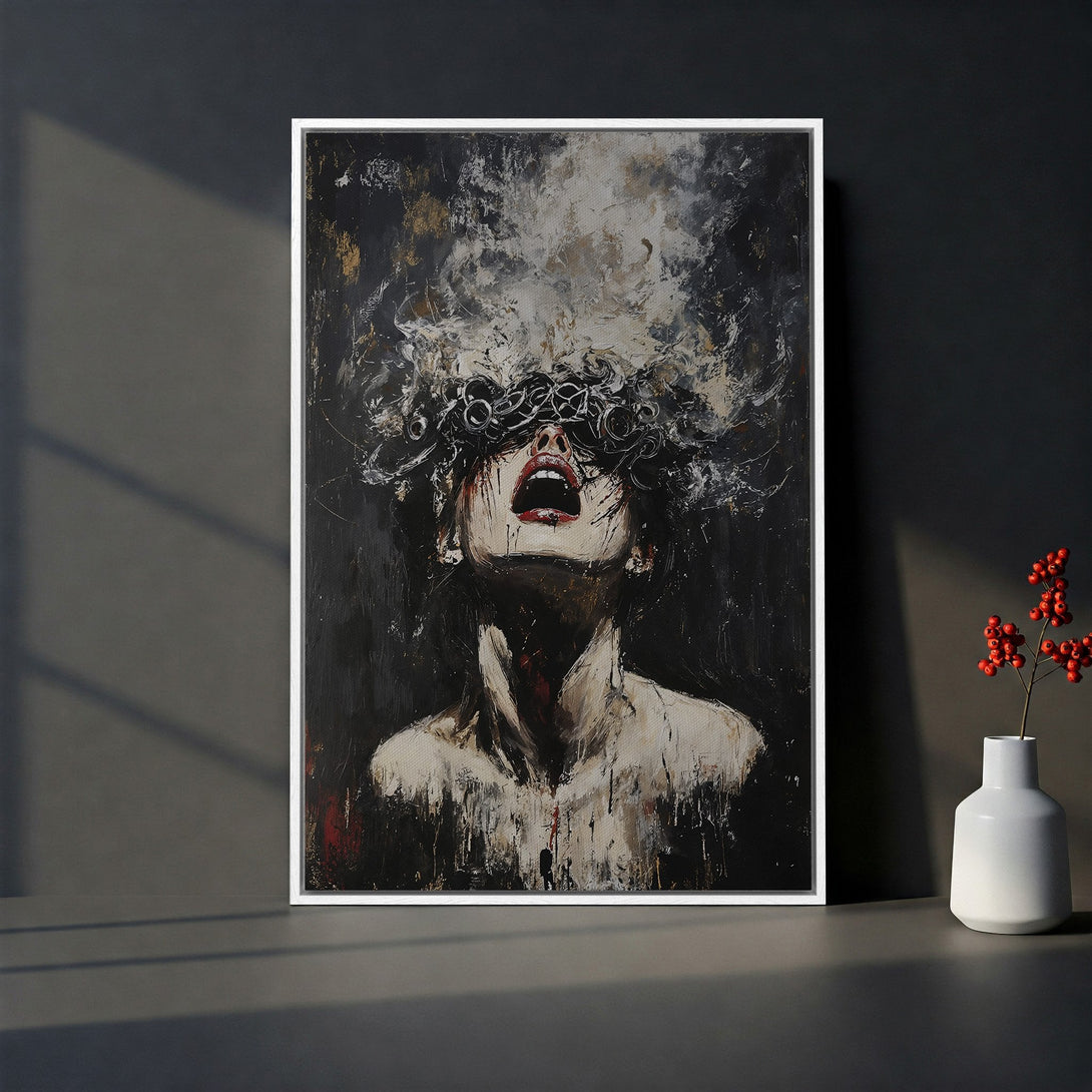 Framed Wall Art: Dramatic abstract portrait in black, white, and red. Expressive art piece, perfect for modern home decor. Shop now for unique wall art!