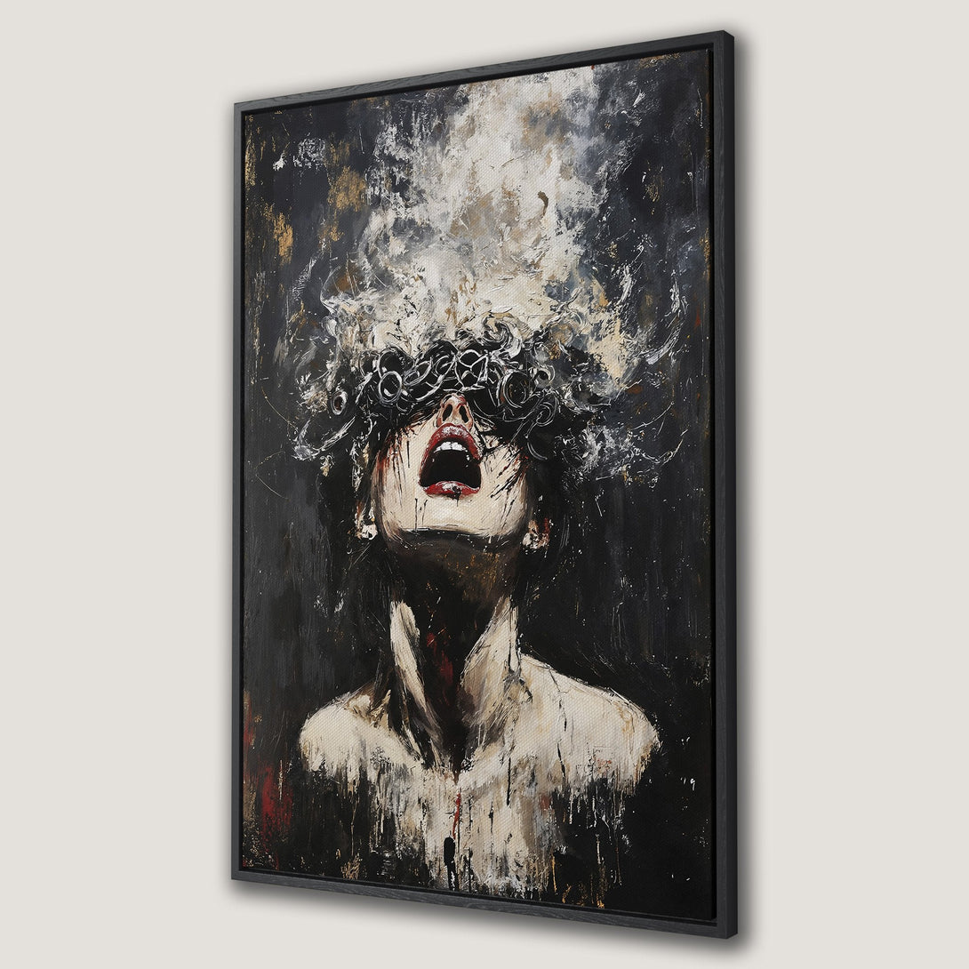 Framed Wall Art: Abstract expressionist portrait in black, white, and red. Dramatic canvas print of a woman's face with open mouth. Modern home decor.