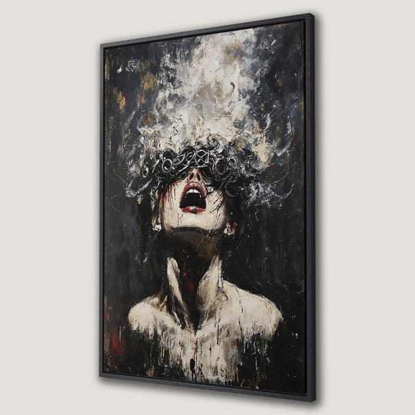 Framed Wall Art: Abstract expressionist portrait in black, white, and red. Dramatic canvas print of a woman's face with open mouth. Modern home decor.
