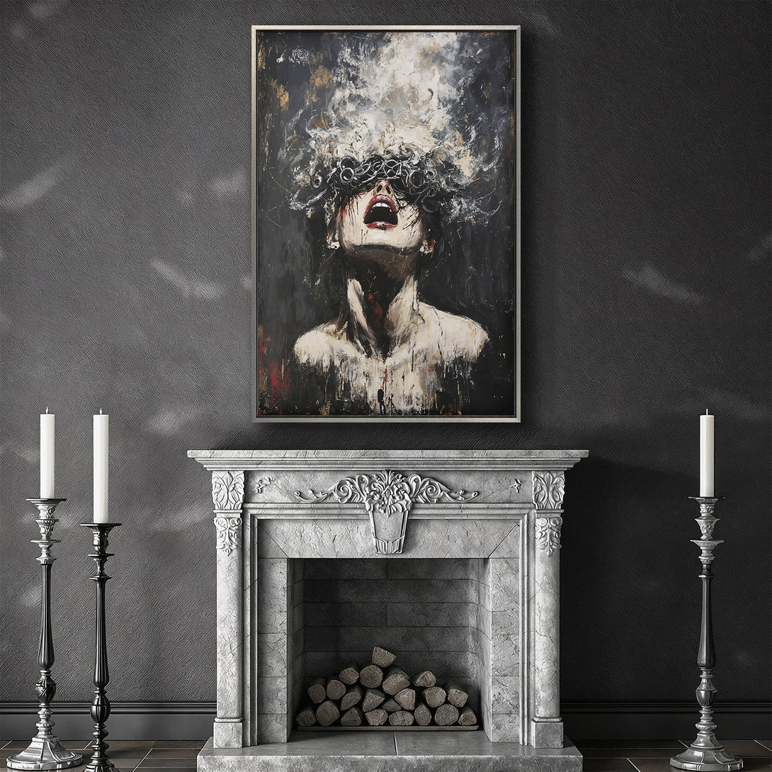Framed Wall Art: Abstract portrait Canvas Print in a dark, moody palette. Adds a touch of drama to any space. Shop now for unique art!