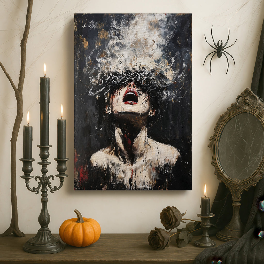 Framed Wall Art: Abstract expressionist painting in black, white, and gold. Dramatic artwork of a woman's face, perfect for modern and luxury interiors.