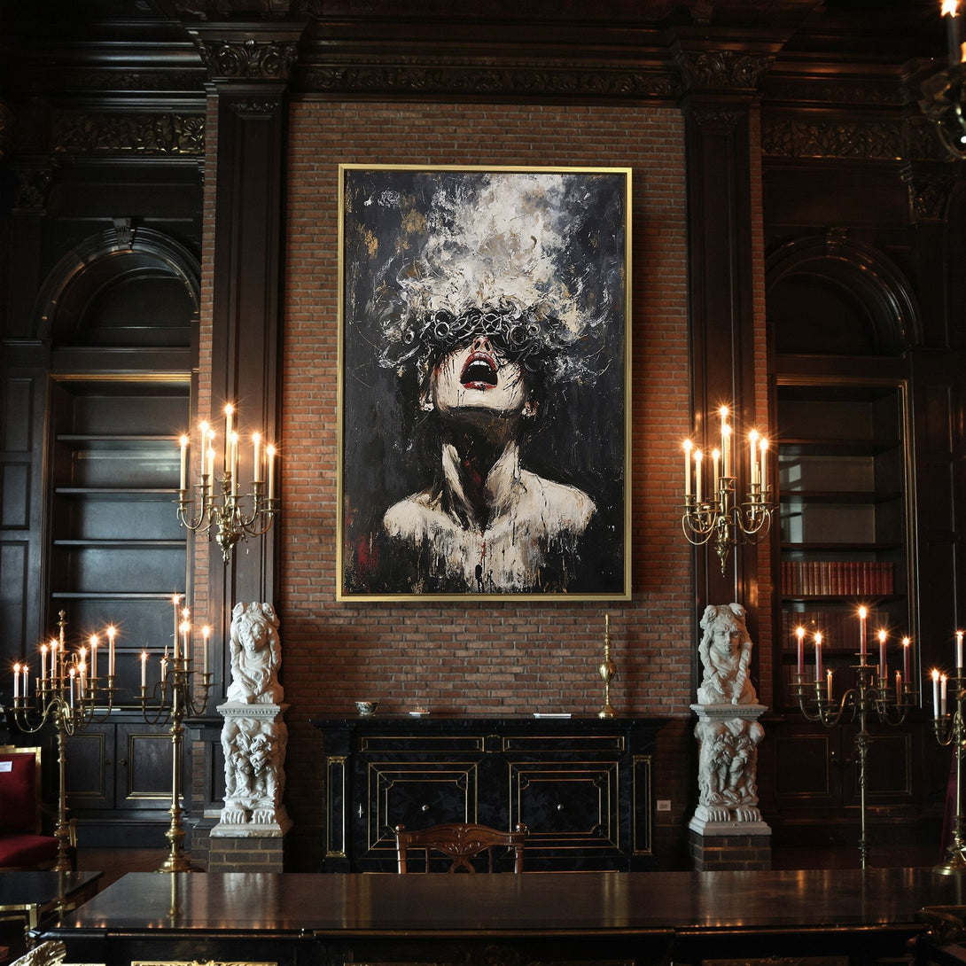Canvas Print of a woman's face in abstract style, dark color palette. Perfect for Halloween decor or gothic interiors.