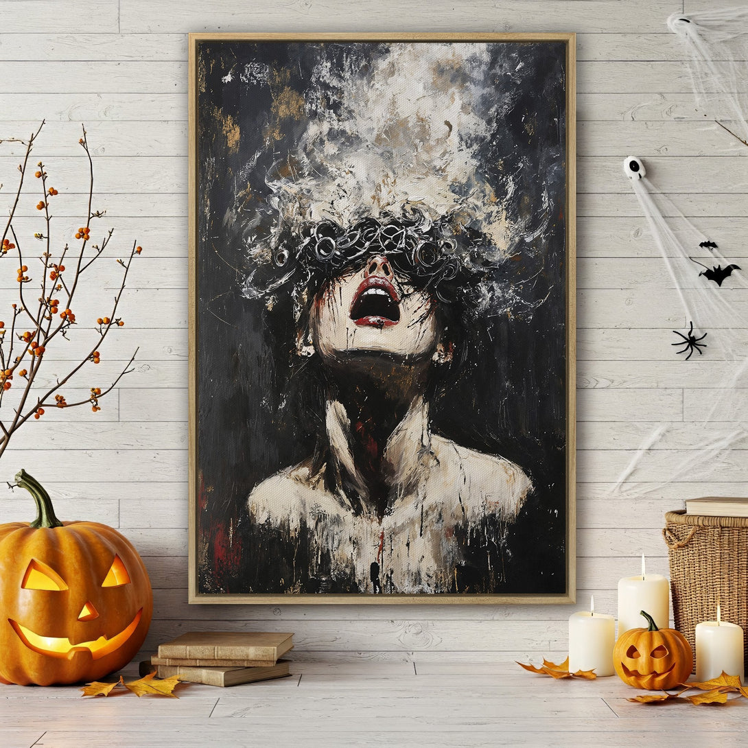 Framed Wall Art: Abstract portrait in dark, moody tones. Dramatic artwork with a black, white, and red color palette. Perfect for Halloween decor.