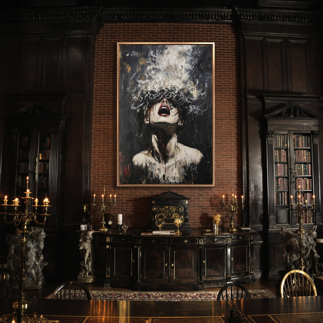 Framed Wall Art: Dramatic abstract portrait in a dark, moody interior. Black, white, and red color palette, perfect for a statement piece.