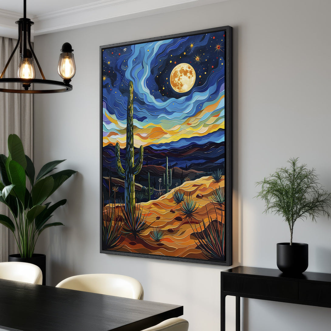 Framed Wall Art: Desert landscape Canvas Print with vibrant blues, oranges, and yellows. Modern art style featuring cacti and a full moon, perfect for home decor.